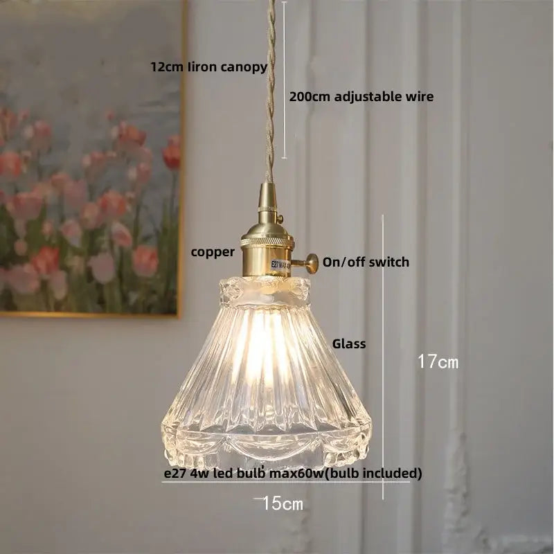 Clear fluted glass pendant light with brass copper fixture and adjustable wire for ornate amber copper led pendant use
