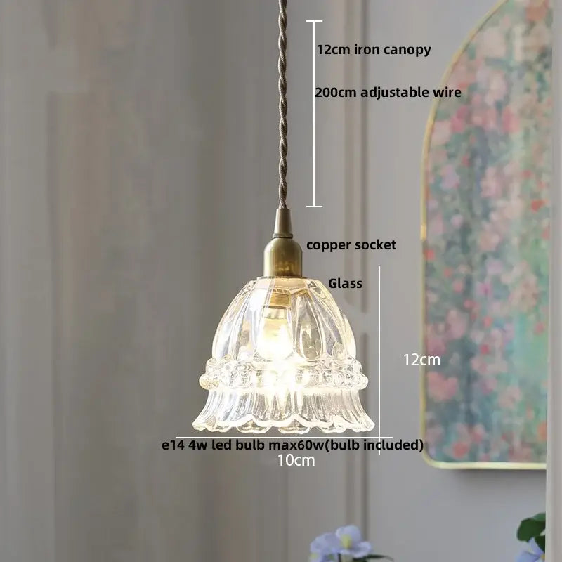 Clear glass pendant light with fluted scalloped design and brass copper led pendant socket for café and dining rooms