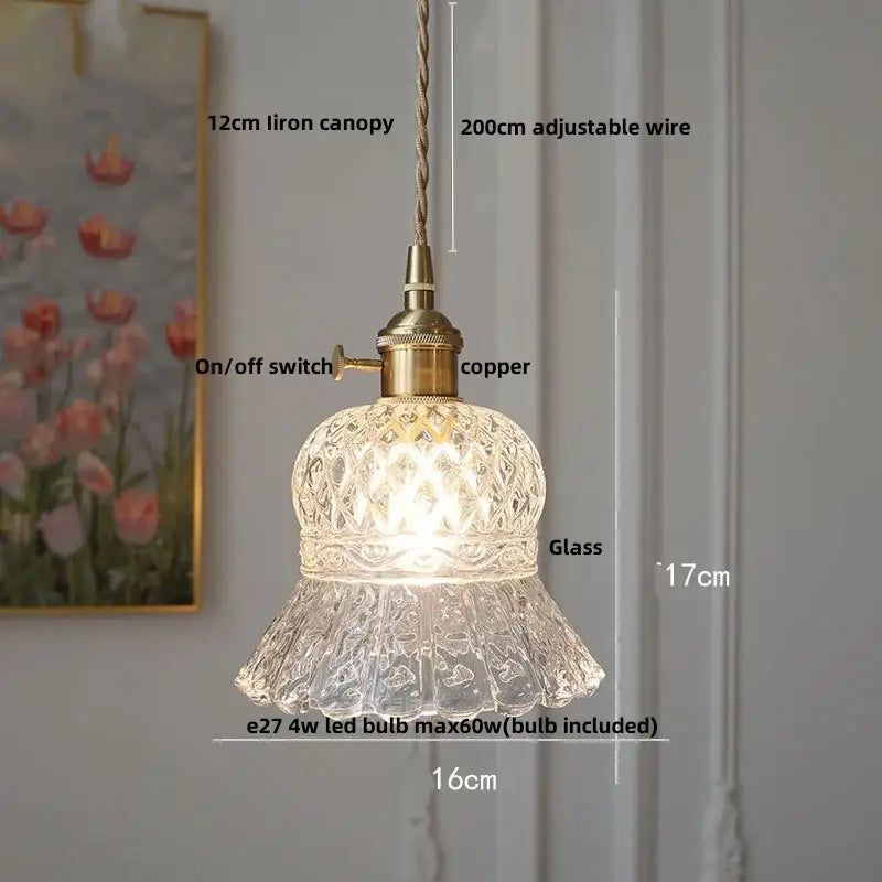 Clear intricately cut glass copper led pendant light with brass fixture and adjustable braided wire for café dining room