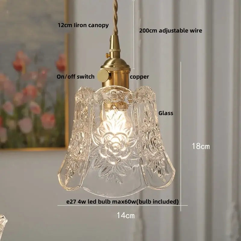 Ornate amber copper led pendant light with clear glass floral etching and brass copper hardware for café and dining room