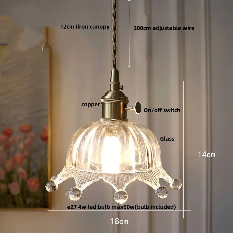 Clear glass pendant light with fluted crown design and crystal accents for ornate amber copper led pendant use
