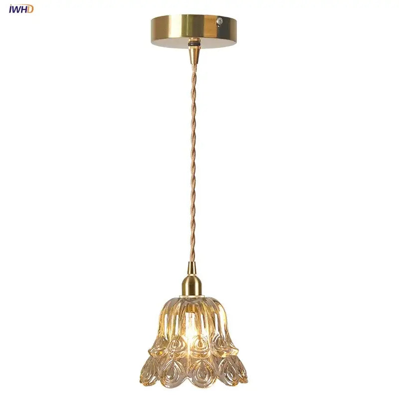 Gold-toned ornate amber copper led pendant light with twisted cord and peacock feather glass shade for café lighting