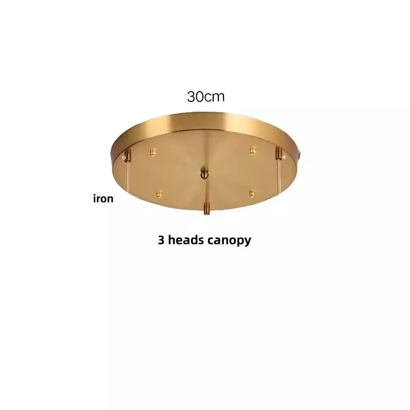 Gold-finished iron ceiling canopy with 30cm diameter and three mounts for ornate amber copper led pendant light