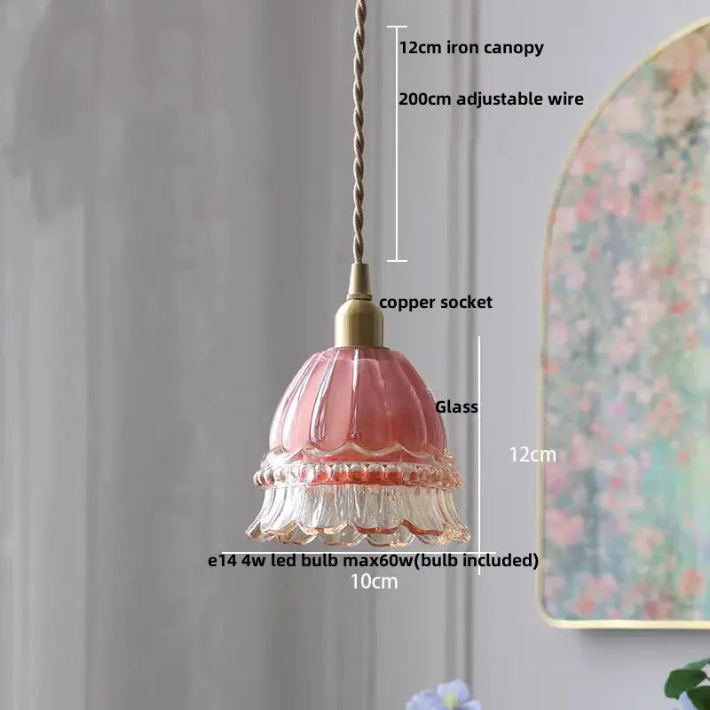 Pink glass pendant light with fluted ruffled design and brass accents for ornate amber copper led pendant use