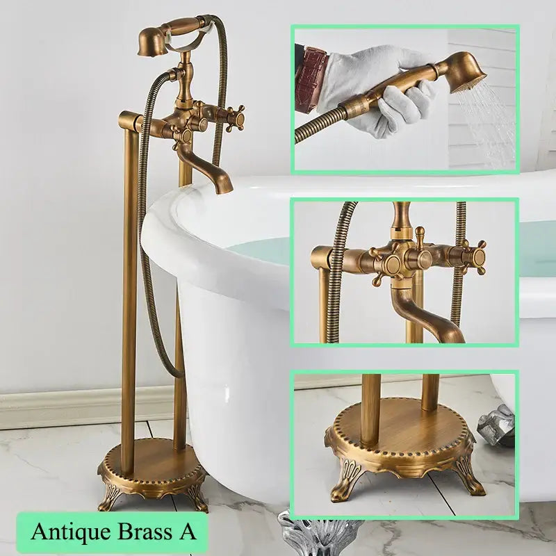 Ornate antique brass freestanding bathtub filler with intricate detailing and handheld showerhead for freestanding bathtubs