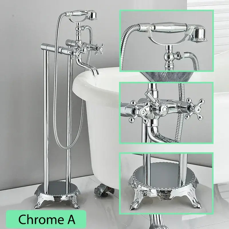 Chrome-finished ornate vintage-inspired freestanding bathtub filler with handheld showerhead for elegant bathroom use