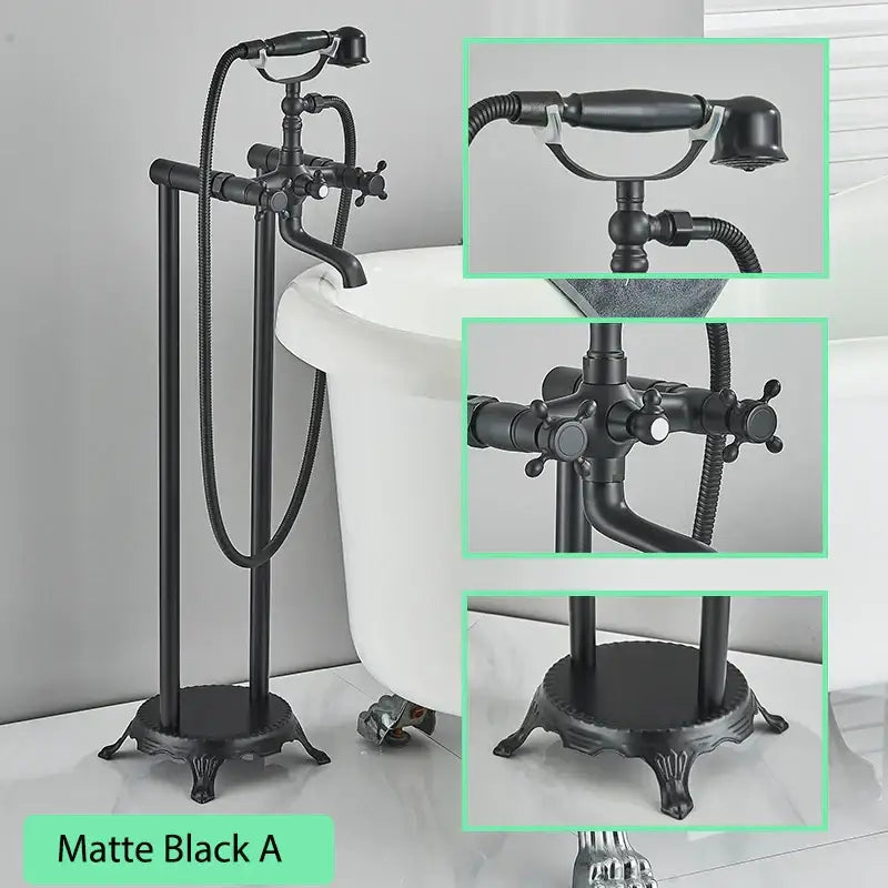 Matte black vintage-style freestanding bathtub filler with ornate detailing and handheld showerhead for bathroom use