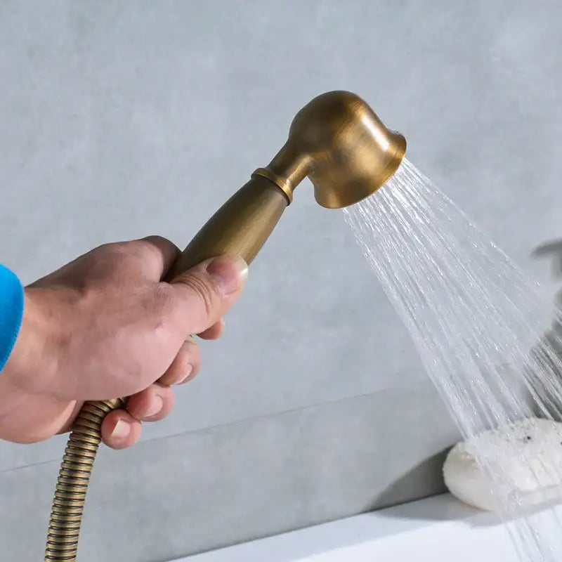 Ornate antique brass freestanding bathtub filler with handheld showerhead featuring sleek curved design and flexible hose