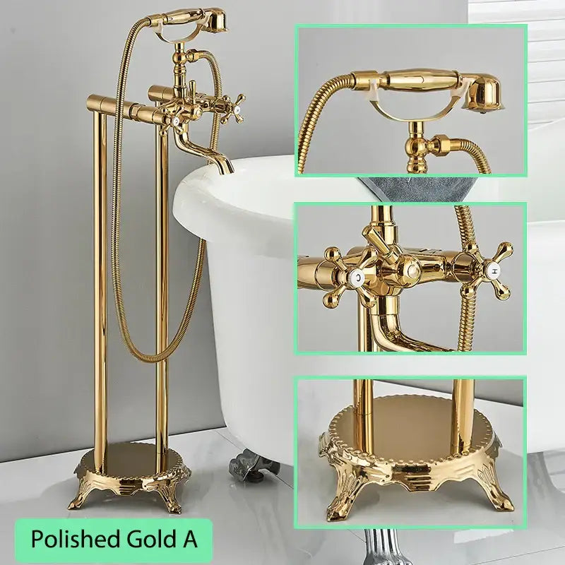 Polished gold ornate antique brass freestanding bathtub filler with cross handles and handheld showerhead for bathroom