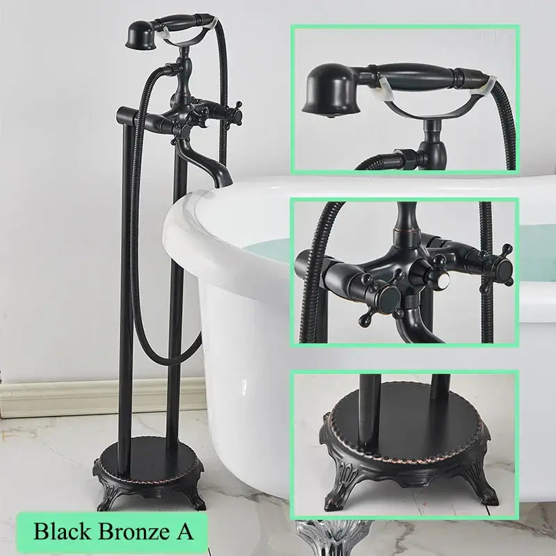 Black bronze ornate freestanding bathtub filler with handshower featuring antique brass detailing for bathroom use