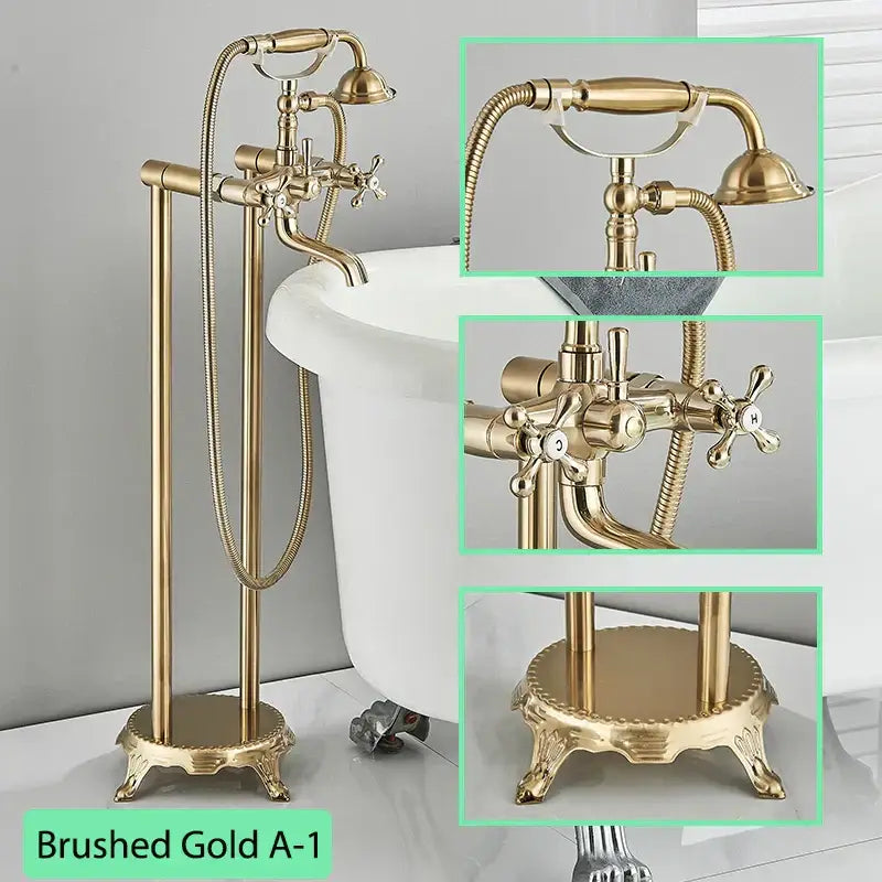 Brushed gold ornate antique brass freestanding bathtub filler with ornate handles and handheld showerhead