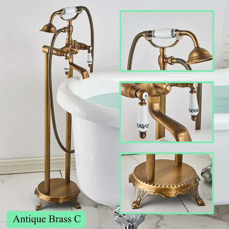 Ornate antique brass freestanding bathtub filler with ceramic blue floral handles and handshower for bathroom use