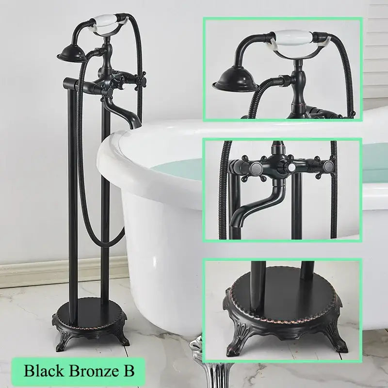 Black bronze ornate freestanding bathtub filler with ceramic handles and handshower for classic bathroom design