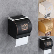 Ornate black carved aluminum toilet paper holder with gold detailing and sleek curved design for bathroom use by decorbites black carved