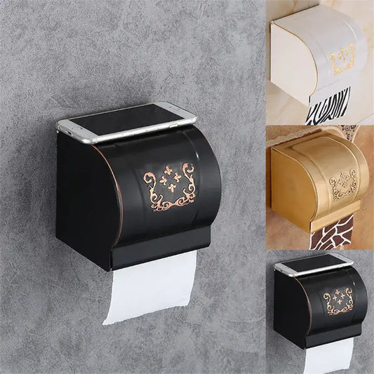 Ornate black carved aluminum toilet paper holder with gold detailing and sleek curved design for bathroom use by decorbites black carved