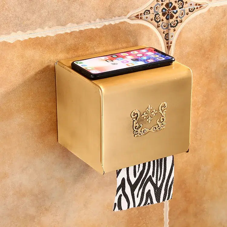 Ornate black carved aluminum toilet paper holder with gold rectangular frame and zebra-striped tissue for bathroom decorbites black carved