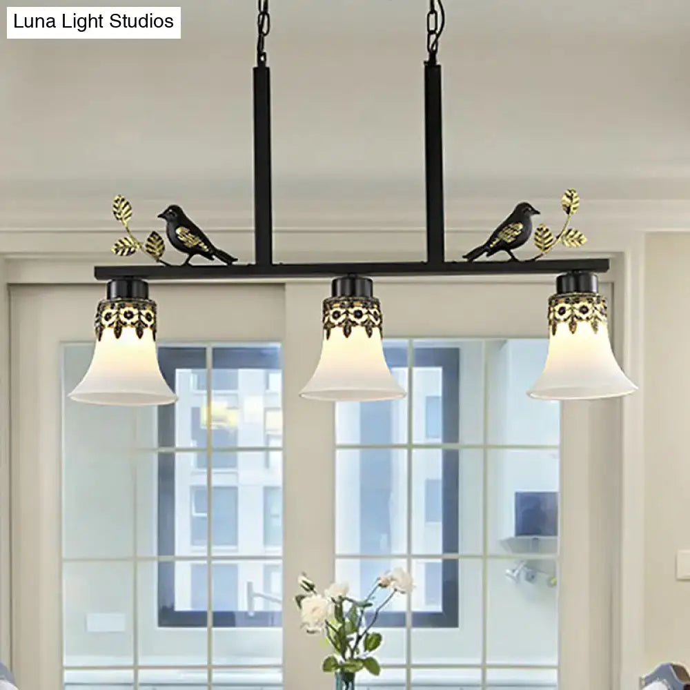 Decorbites classic black wrought iron island pendant light with three frosted glass shades and decorative bird figurines
