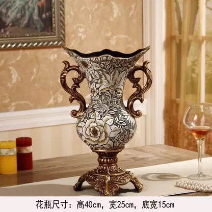 Antique-style black and white ceramic resin vase dried flowers with ornate bronze handles for living room decor