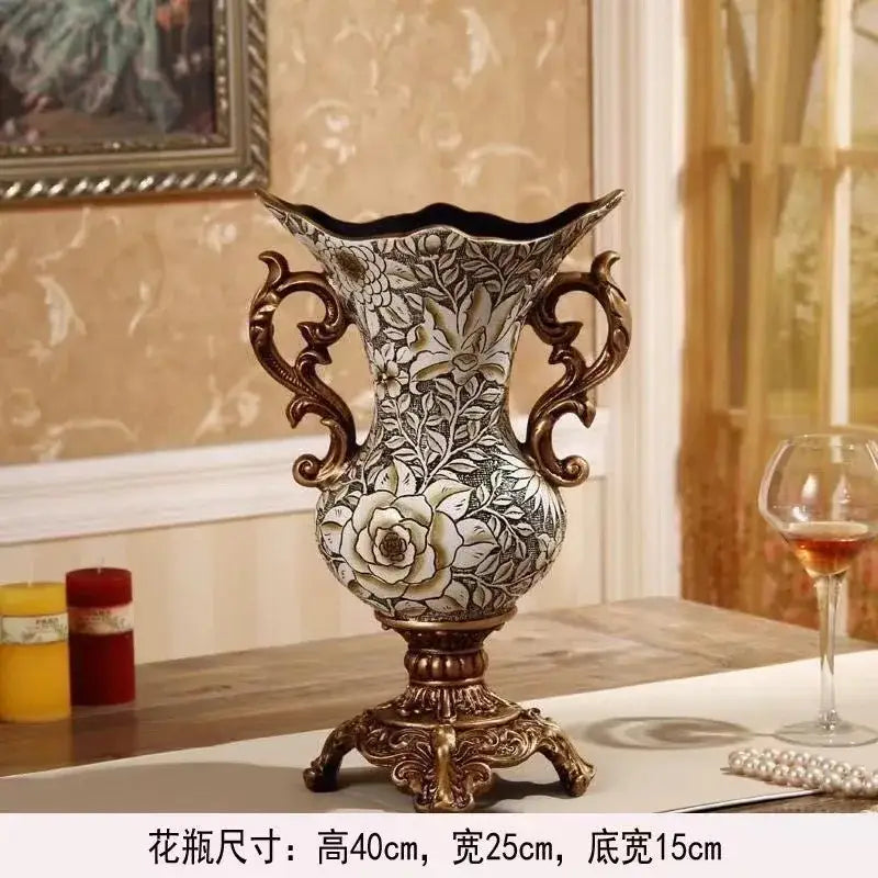 Antique-style black and white ceramic resin vase dried flowers with ornate bronze handles for living room decor