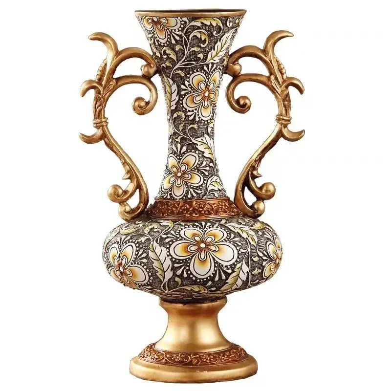 Ornate black and gold resin vase dried flowers with intricate scroll handles for living room decor