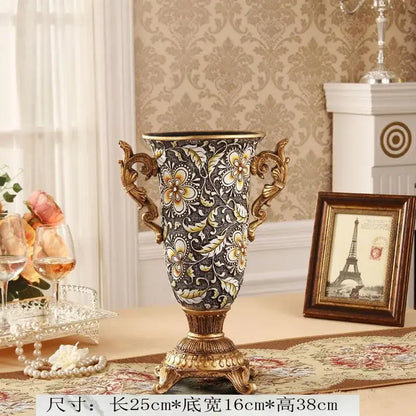 Antique-style ornate black and gold resin vase dried flowers holder with floral patterns for living room decor