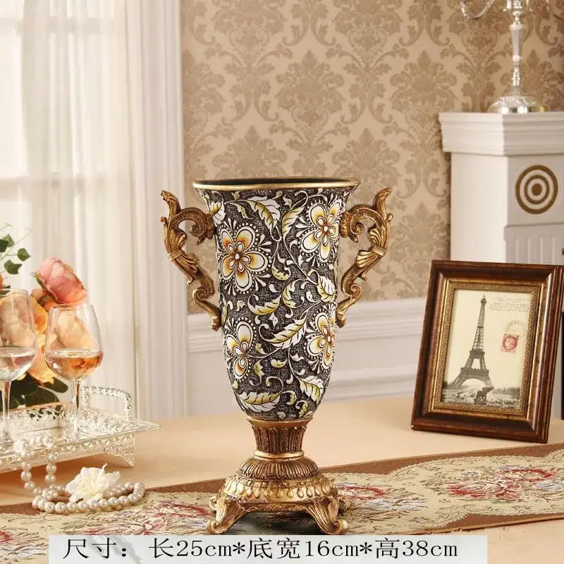 Antique-style ornate black and gold resin vase dried flowers holder with floral patterns for living room decor