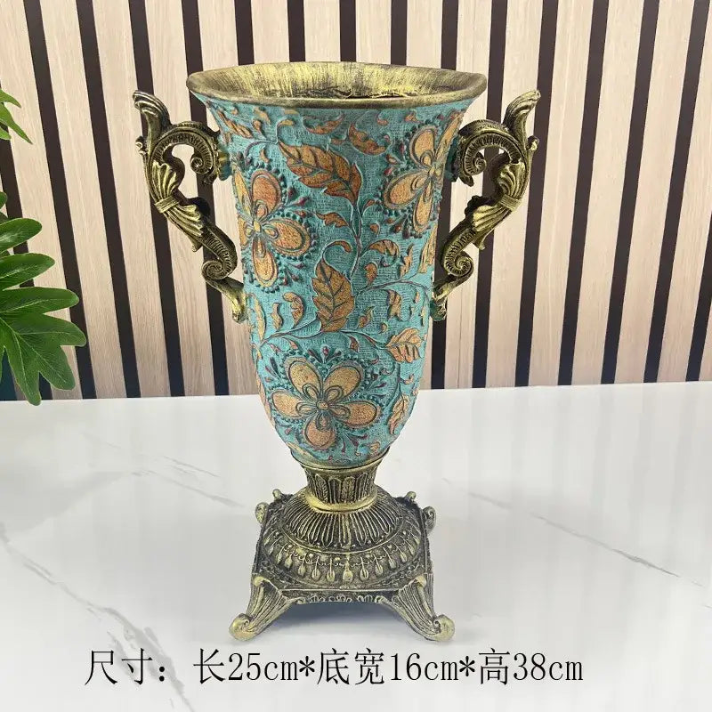 Antique-style turquoise ceramic vase with gold leaf floral patterns and bronze handles for vase dried flowers decor