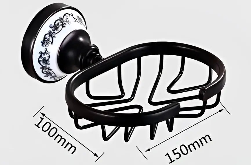 Black metal soap dish with ornate white and blue floral wall mount from wrought iron bathroom accessories set