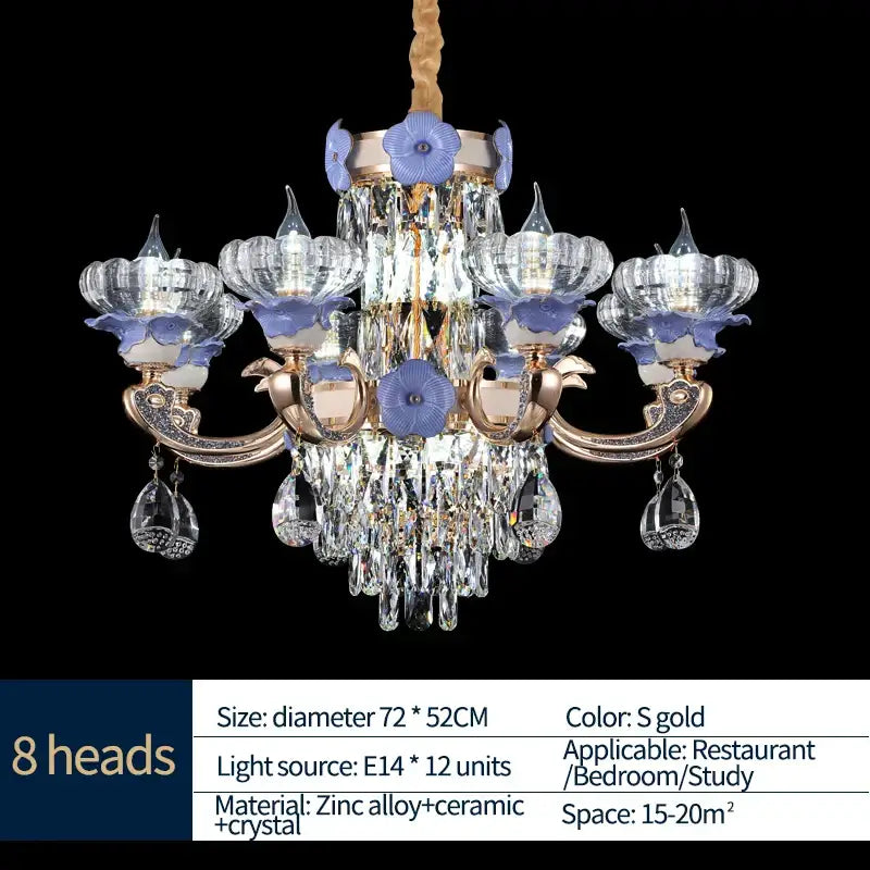 Elegant gold-toned decorbites crystal candle chandelier with eight floral heads and clear crystal droplets for staircase lighting