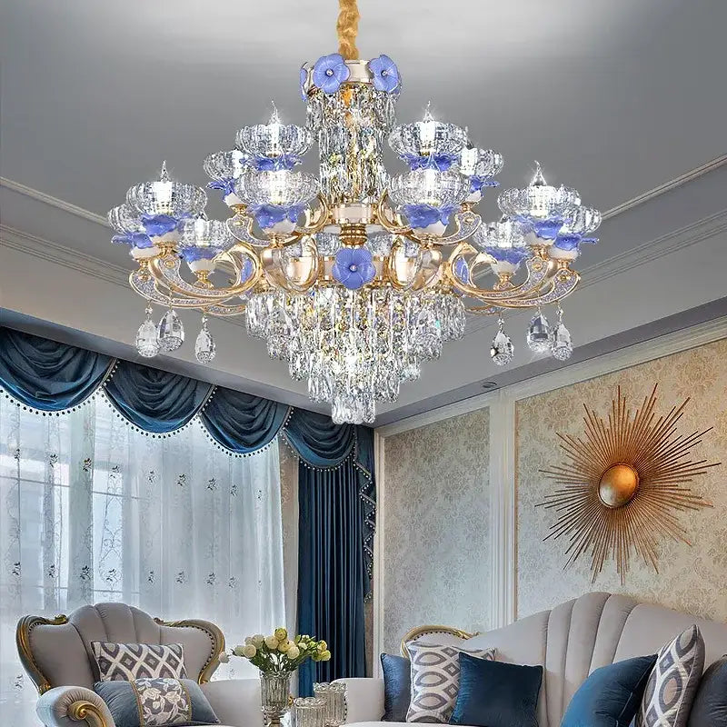 Ornate blue and gold decorbites crystal candle chandelier with metal arms and glass flower accents for staircase lighting