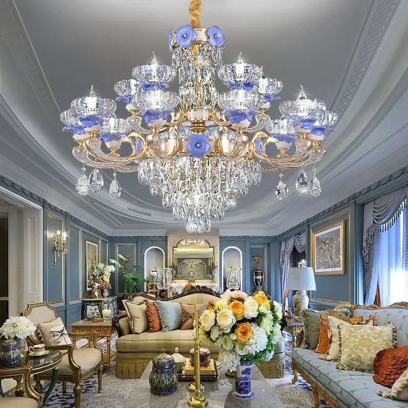 Ornate blue and gold crystal candle chandelier with gold-toned arms and blue glass accents for staircase lighting decorbites crystal candle