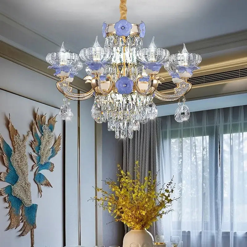 Ornate blue and gold crystal candle chandelier with gold-toned arms purple glass flowers decorbites crystal candle lighting