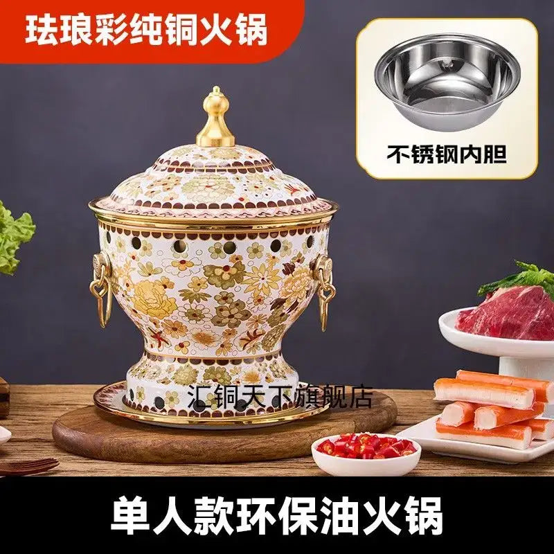 Ornate blue and white enamel copper hot pot with floral pattern gold trim and brass handles for kitchen cookware