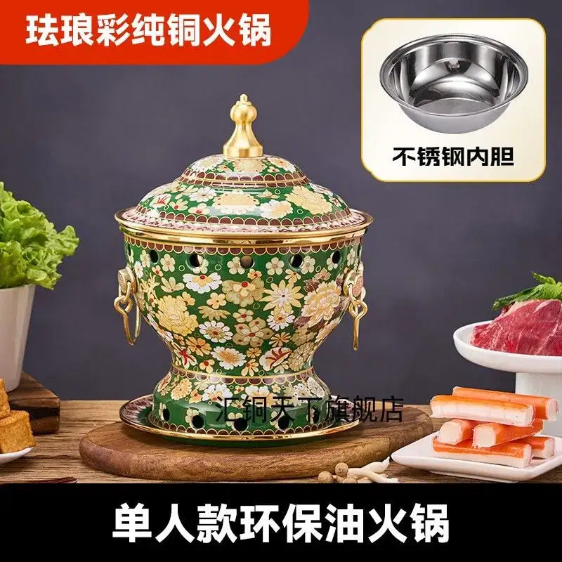 Ornate blue and white enamel copper hot pot with green enamel copper body, gold floral patterns, and stainless steel liner