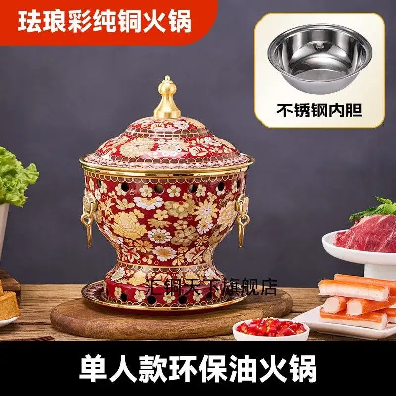 Ornate red and gold enamel copper hot pot with floral patterns and matching lid for kitchen cookware use