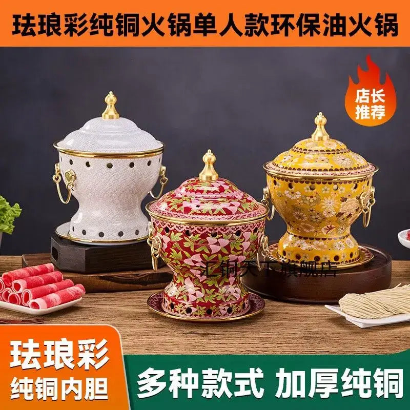 Ornate blue and white enamel copper hot pot sets with decorative patterns and gold accents for kitchen cookware use