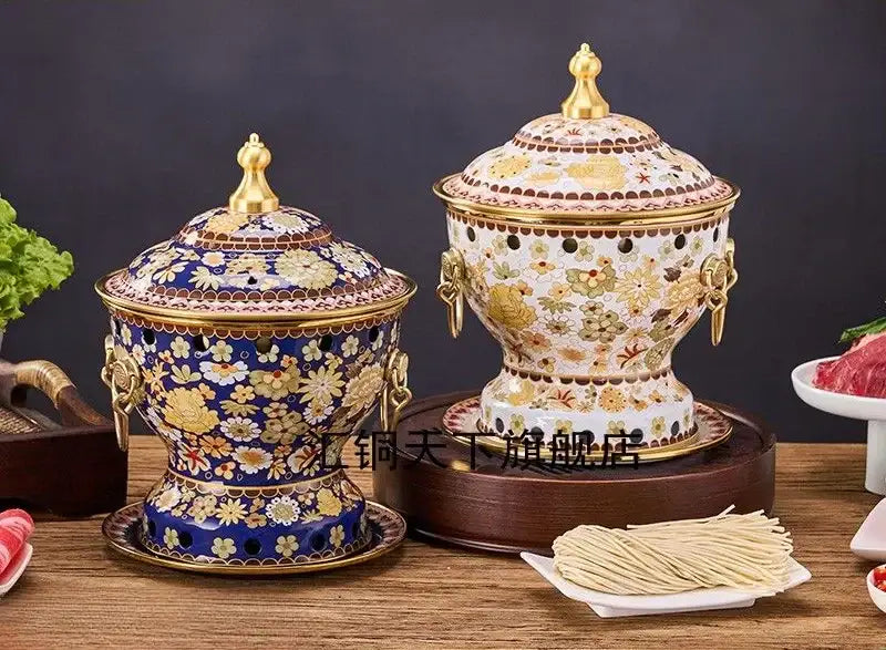 Ornate blue and white enamel copper hot pots with gold floral patterns and lids for kitchen cookware use