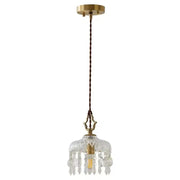 Ornate brass pendant lights with decorbites crystal glass led droplets and twisted brown cord for bedroom decor