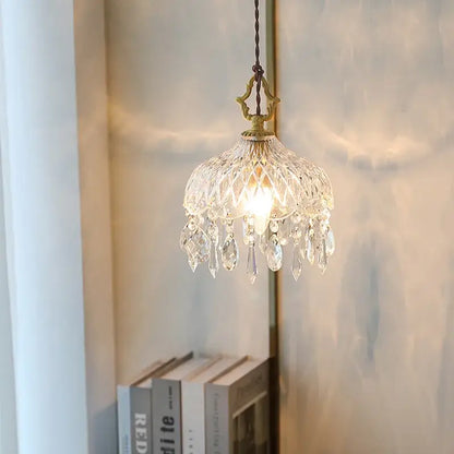 Delicate ornate brass and crystal glass led pendant lights with teardrop crystals for bedroom decorbites crystal glass