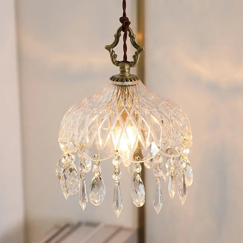Ornate brass and decorbites crystal glass led pendant lights with clear teardrop crystals for bedroom decor