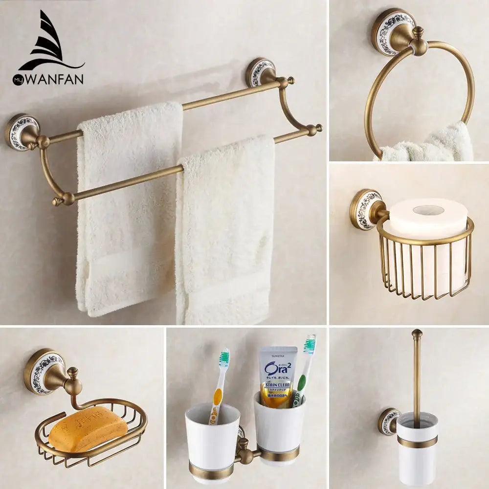 Ornate brass and white ceramic bath hardware set with decorative plates for elegant bathroom accessories and bath hardware