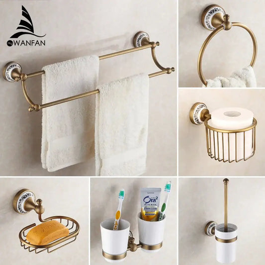 Ornate brass and white ceramic bath hardware set with decorative plates for elegant bathroom accessories and bath hardware