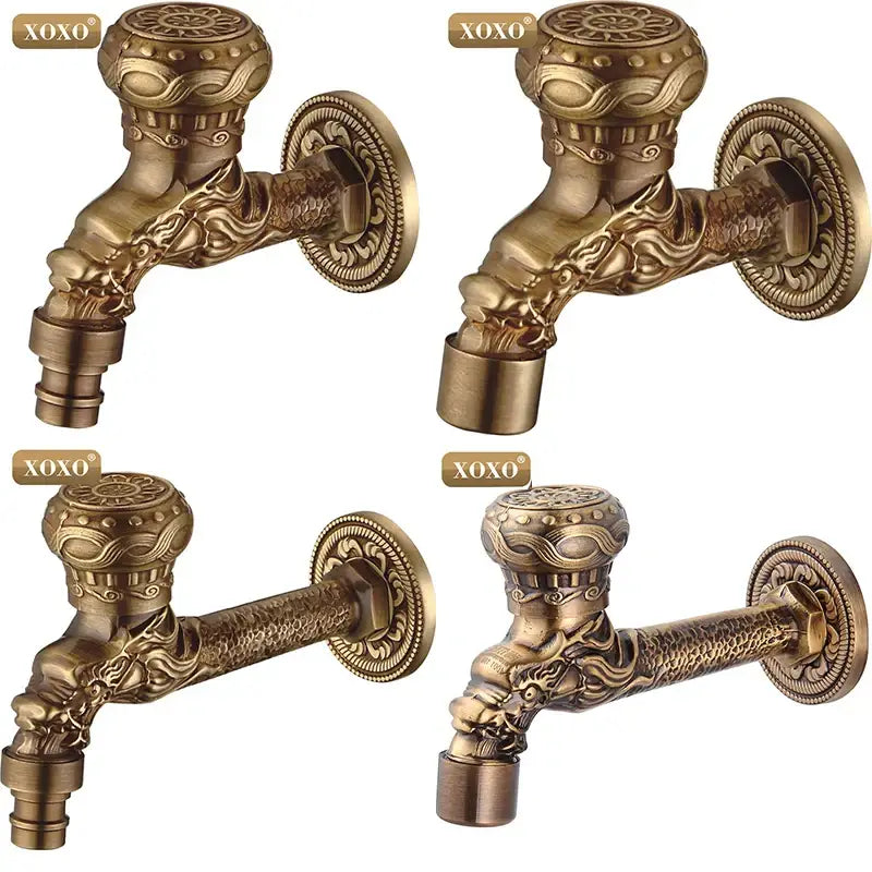 Ornate antique brass-finished decorbites dragon style faucet tap with intricate floral and dragon embossing for bathroom mount