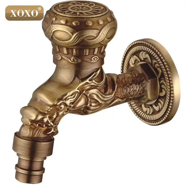 Antique brass decorbites dragon style faucet tap featuring ornate dragon head and intricate floral patterns for outdoor use