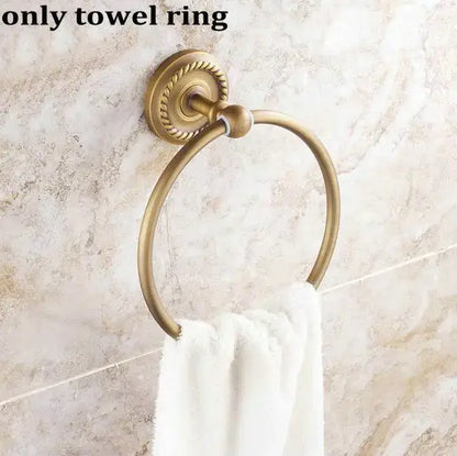 Antique brass towel ring with rope-like textured base and smooth hoop from decorbites copper bathroom accessories set