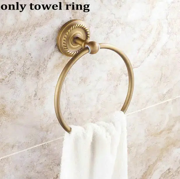 Antique brass towel ring with rope-like textured base and smooth hoop from decorbites copper bathroom accessories set