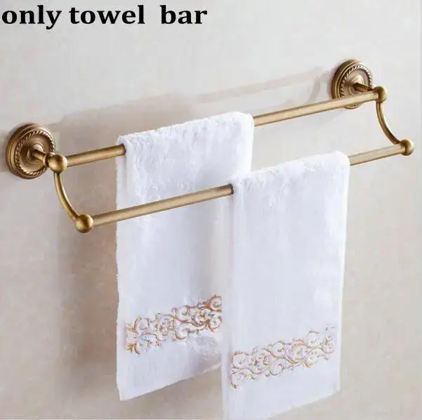 Ornate brass finished copper double towel bar with decorative wall mounts in decorbites copper bathroom accessories set