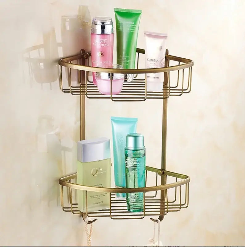 Ornate gold-toned two-tier corner shower caddy in copper bathroom accessories set for decorbites copper bathroom use