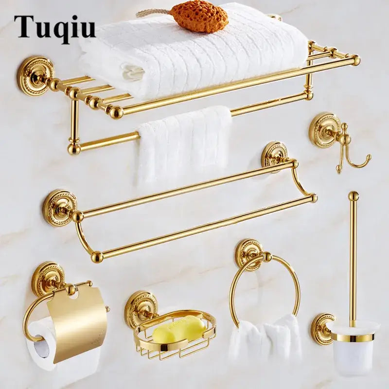 Ornate brass gold bathroom hardware set with towel rack hooks soap dish and brush holder in decorbites brass gold finish