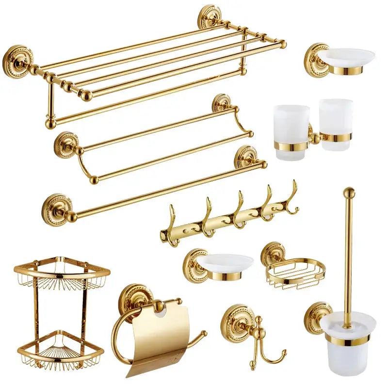Ornate brass gold bathroom hardware set with towel rack and hooks featuring decorbites brass gold fixtures and white ceramic accents